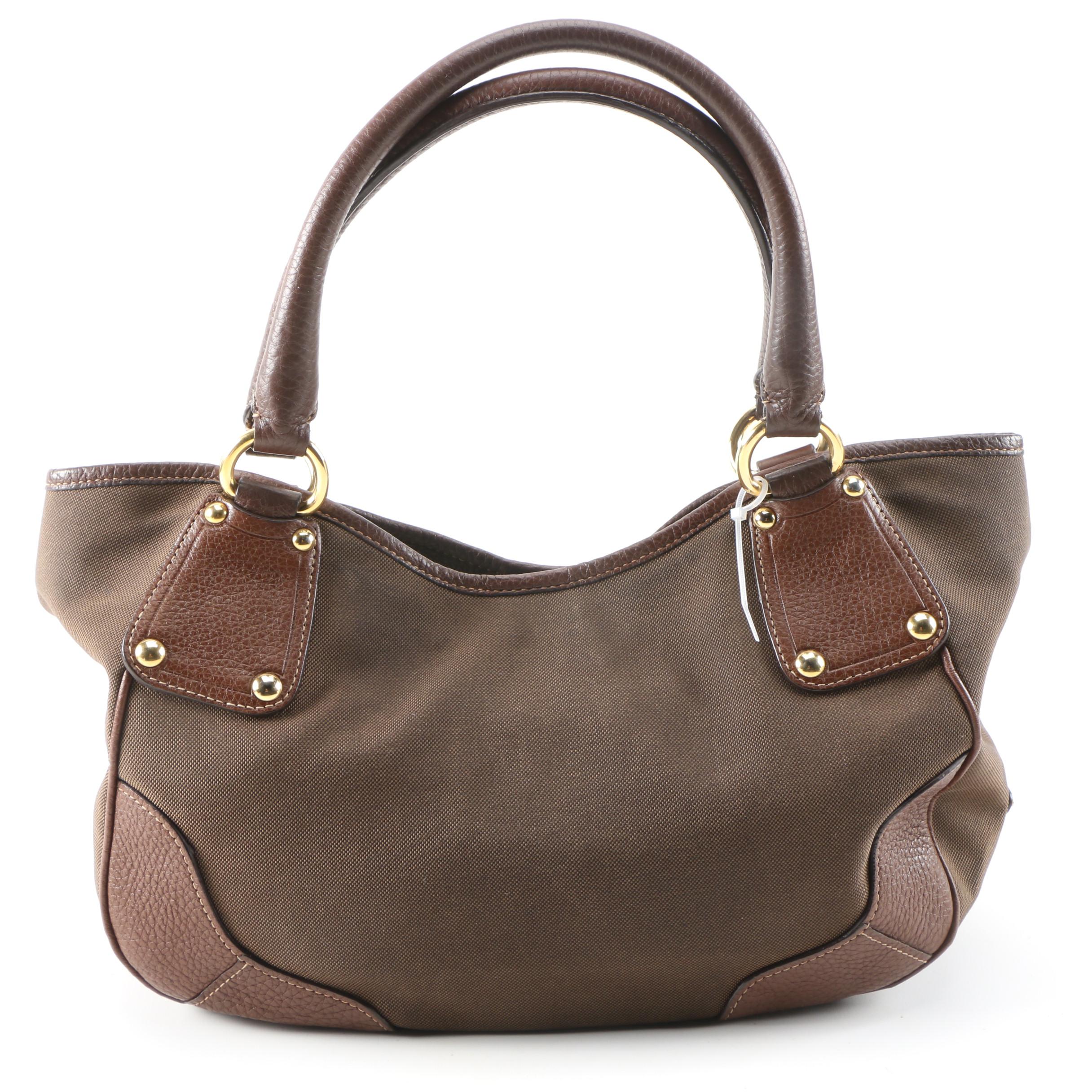 Prada Brown Canapa Canvas and Vitello Daino Leather Shoulder Bag