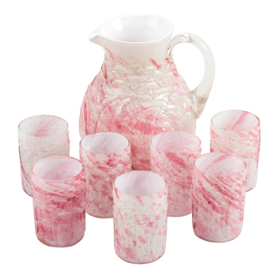 Northwood "Leaf Mold" Cased Glass Water Pitcher and Tumblers