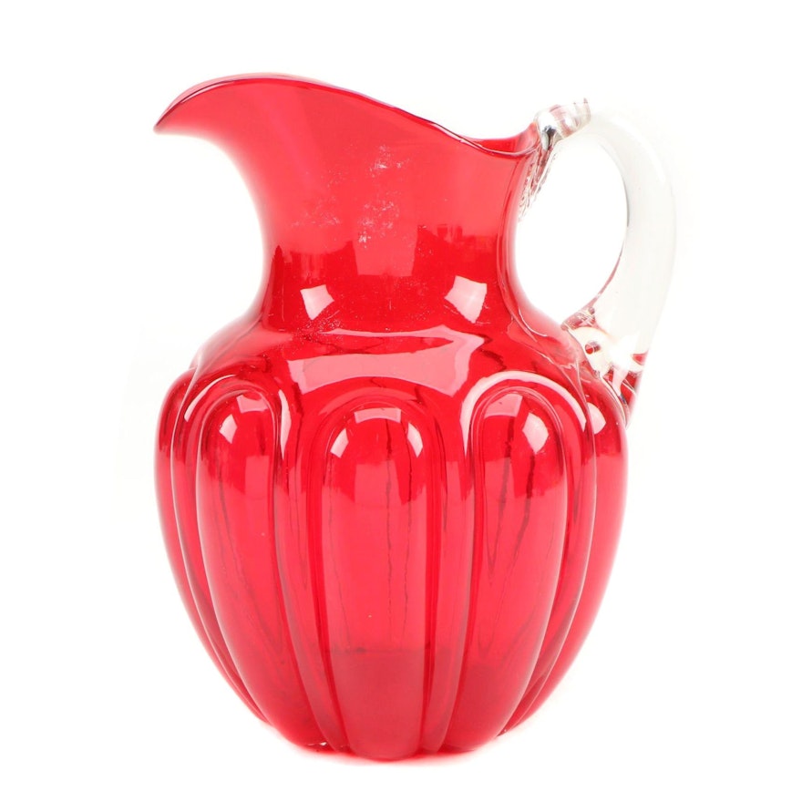 Consolidated Lamp & Glass Co. "Bulging Loops" Pigeon Blood Red Water Pitcher