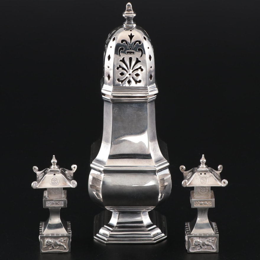 English Sterling Silver Sugar Caster With Pagoda Salt and Pepper Shakers