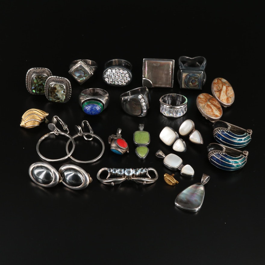 Assorted Jewelry Featuring Sterling Silver Abalone and Lapis Lazuli Rings