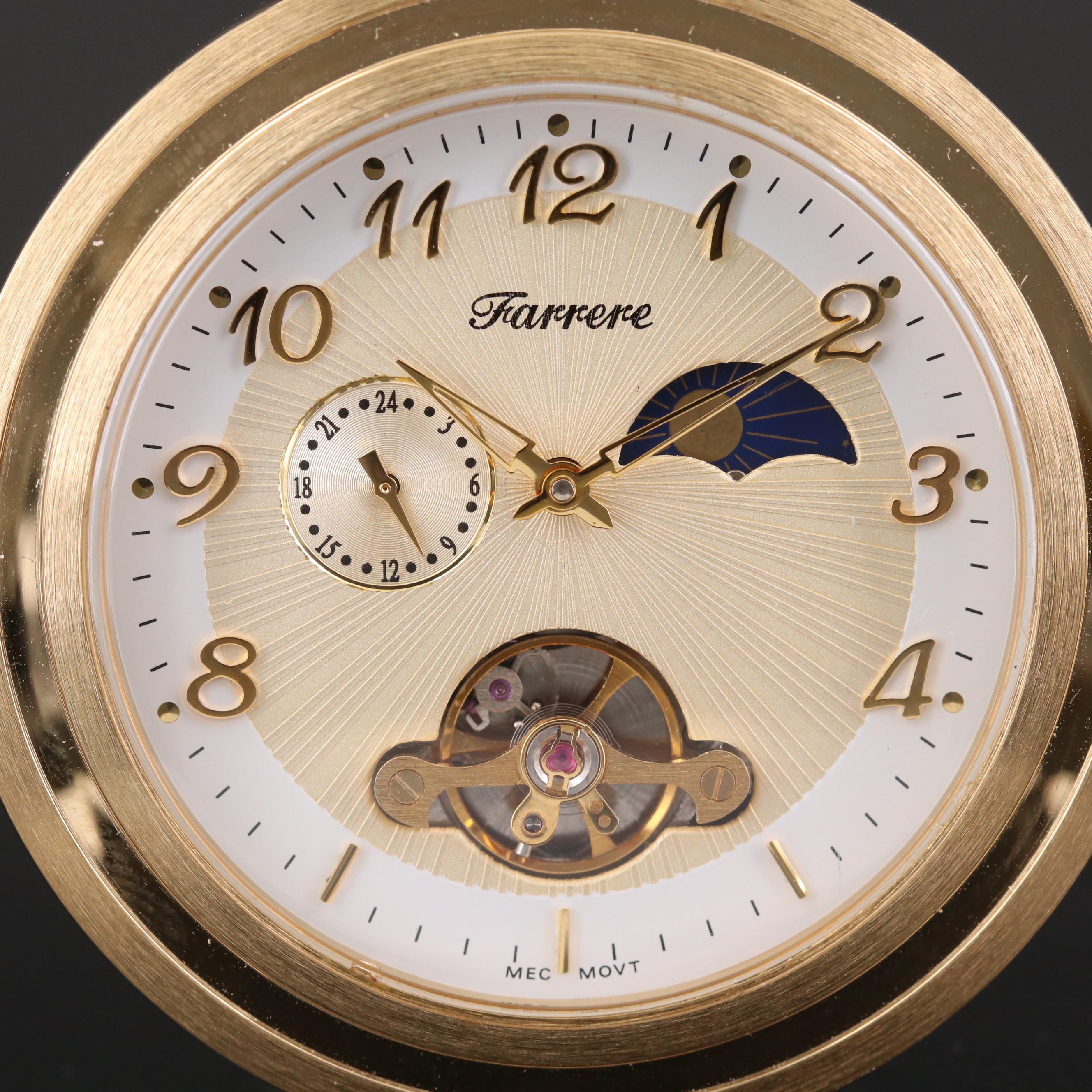 Farrere Gold Tone Pocket Watch with Day and Night Phase Dial and Fob Chain