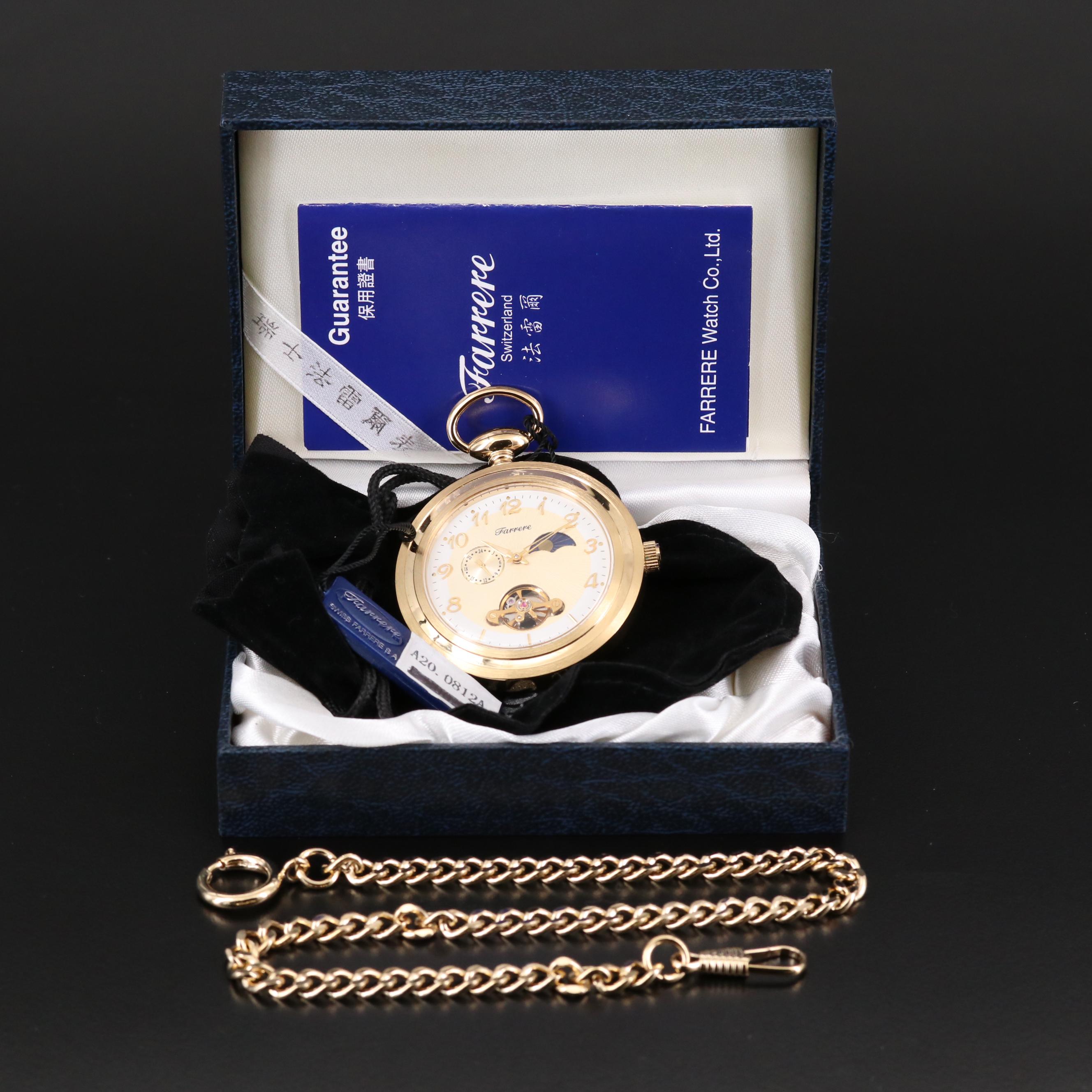 Farrere Gold Tone Pocket Watch with Day and Night Phase Dial and Fob Chain