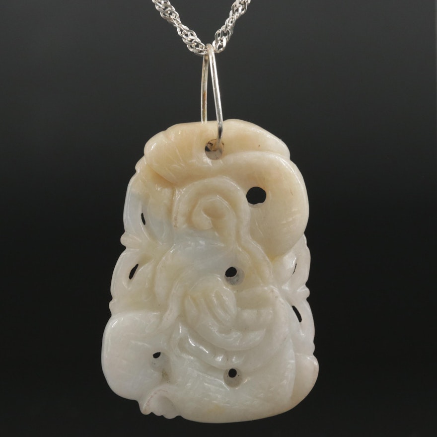 Sterling Silver Carved Jadeite Pendant on Curb Link Chain