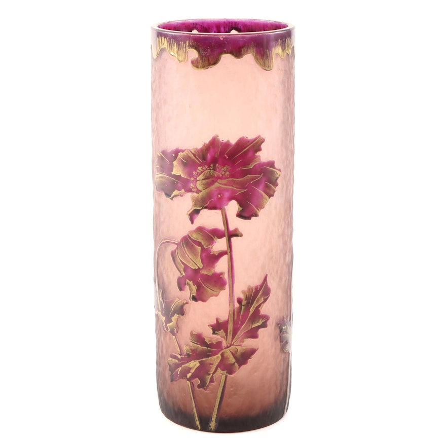 Legras Mont Joye Cameo Cut Acid Etched Gilded Glass Vase