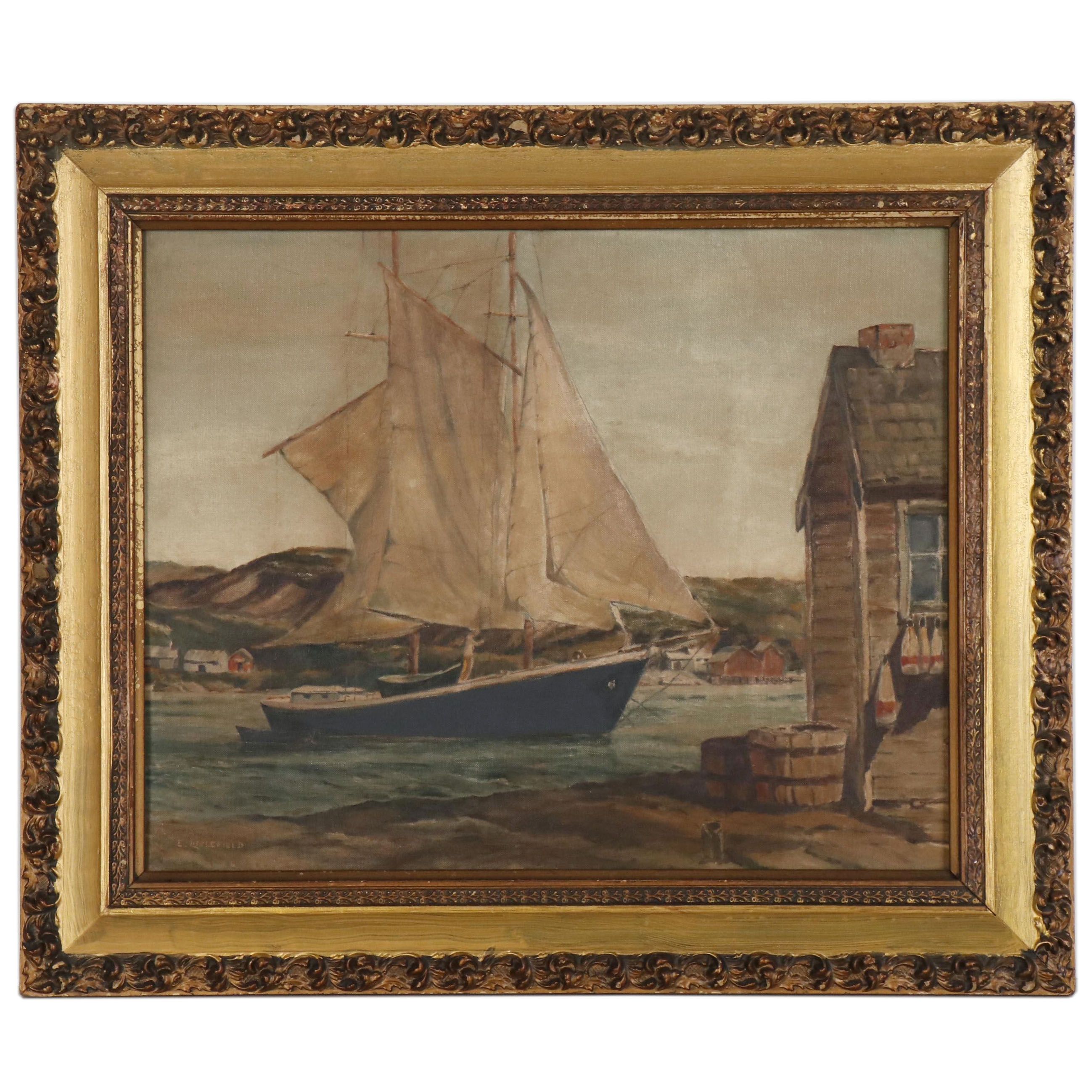 E. Littlefield Oil Painting of Harbor Scene with Sailboat EBTH