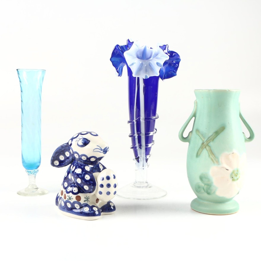 Weller Pottery Vase, Glass Vases, and Wiza Bolesławiec Pottery Rabbit