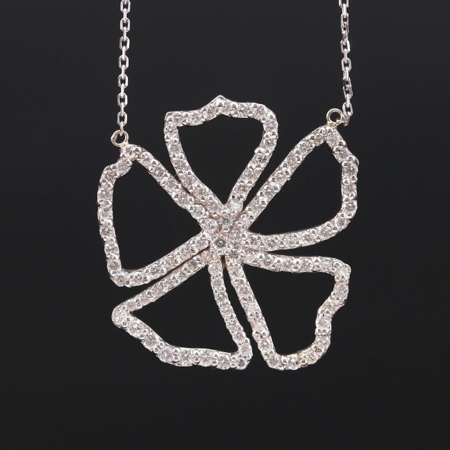 14K White Gold 1.32 CTW Diamond Flower Pendant Necklace