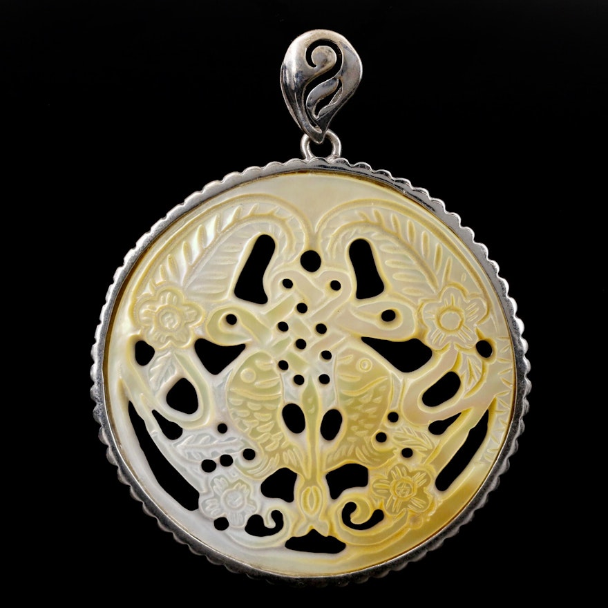 Sterling Silver Mother Of Pearl Carved Pendant
