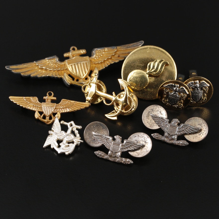 Vintage Military Themed Pins and Cufflinks Including Sterling Silver