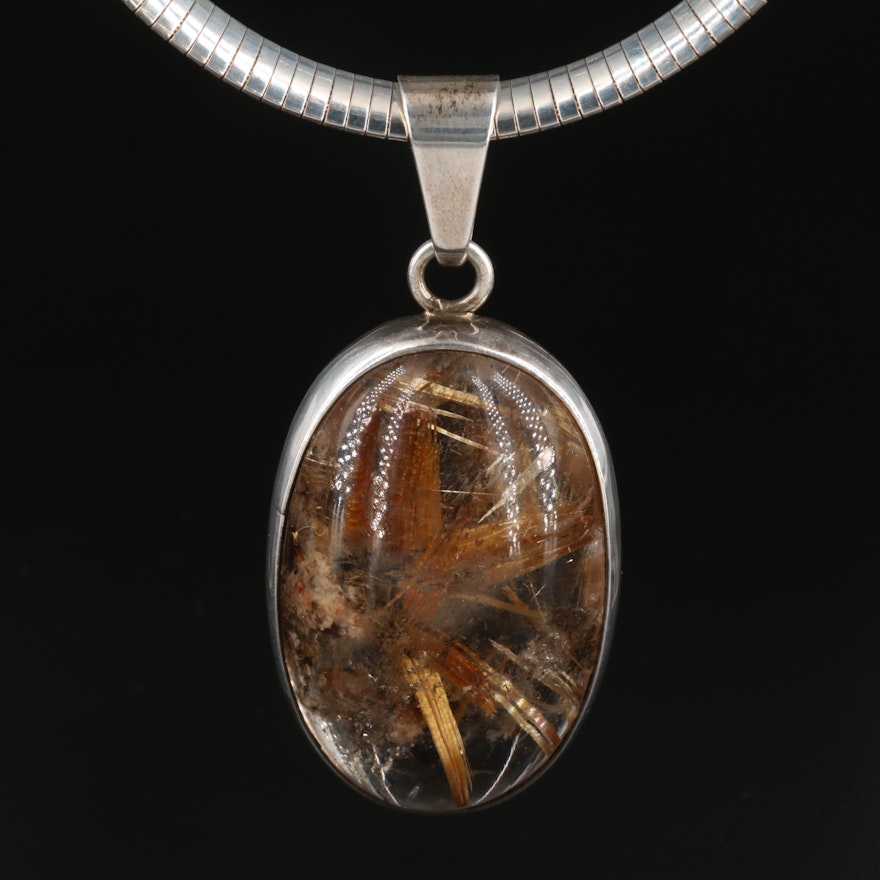 Sterling Silver Rutilated Quartz Pendant on Omega Chain Necklace