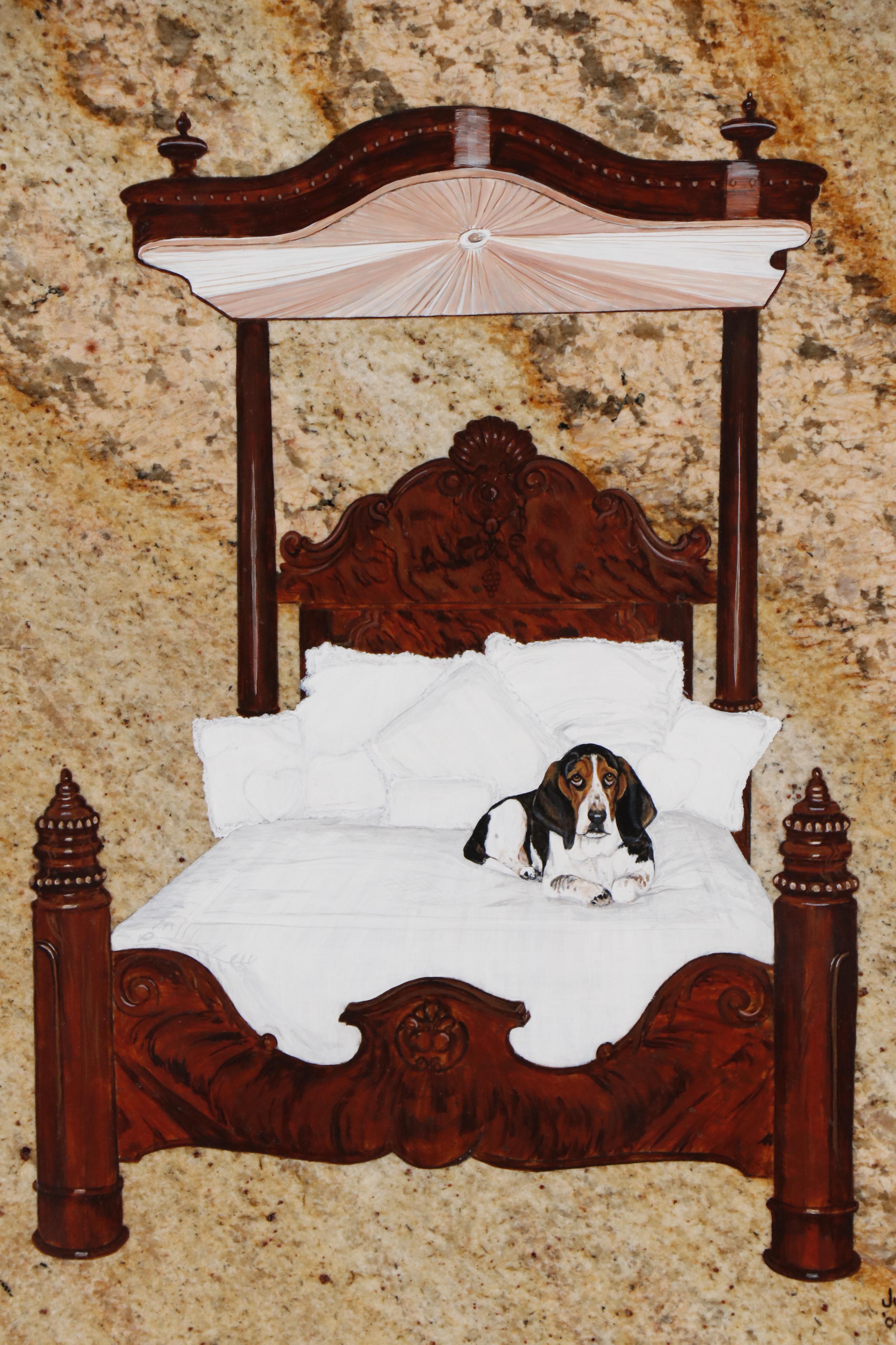 Judy Yates Oil Painting of Bassett Hound on Bed