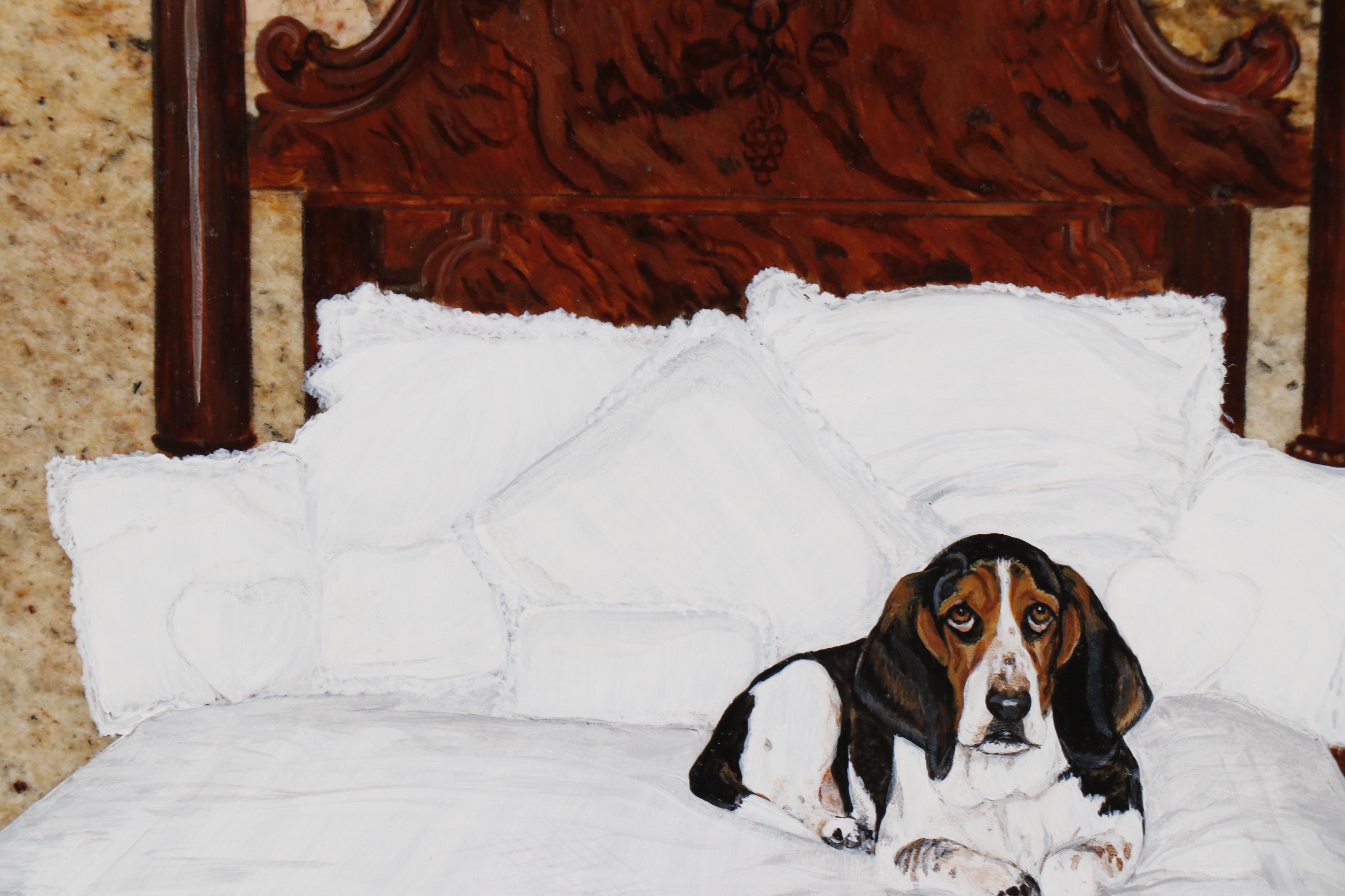 Judy Yates Oil Painting of Bassett Hound on Bed