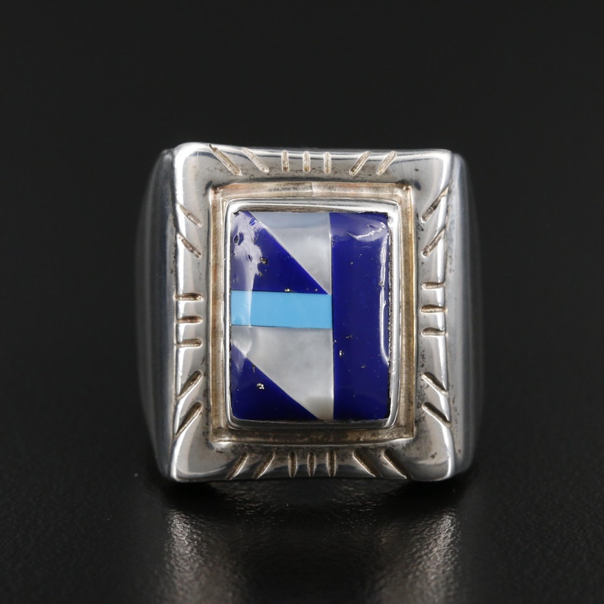 Ted Ott Southwestern Style Sterling Inlaid Gemstone Ring