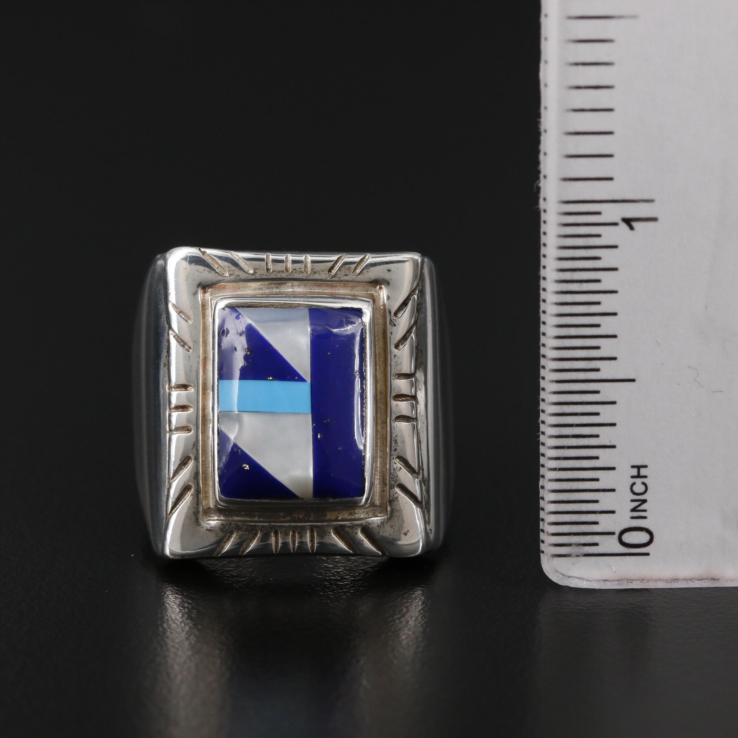 Ted Ott Southwestern Style Sterling Inlaid Gemstone Ring