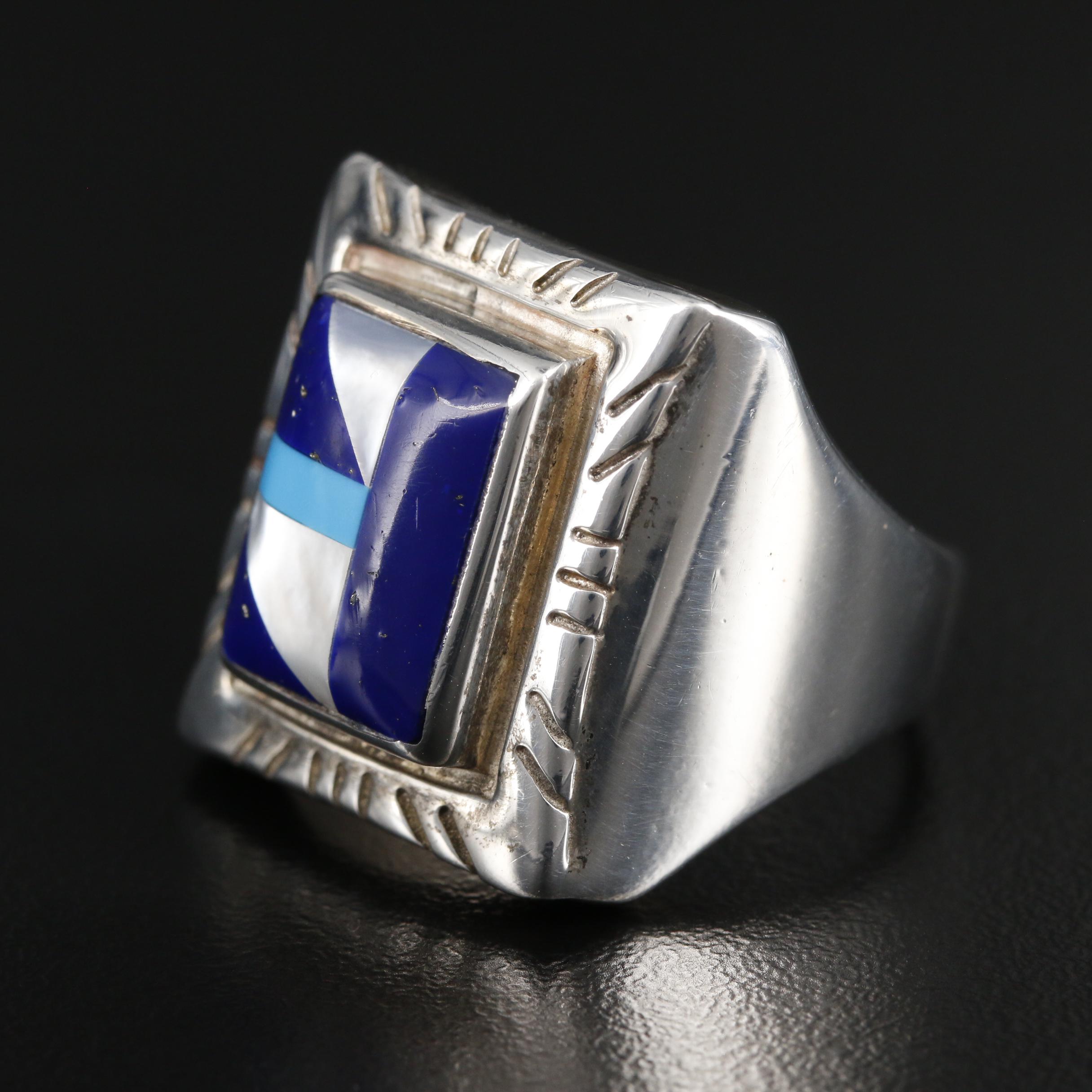 Ted Ott Southwestern Style Sterling Inlaid Gemstone Ring