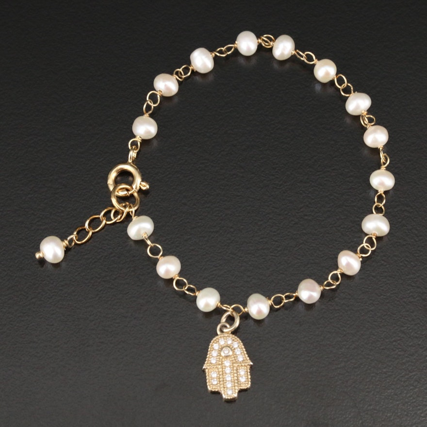 Sterling Silver Cultured Pearl and Cubic Zirconia Hand of Fatima Bracelet