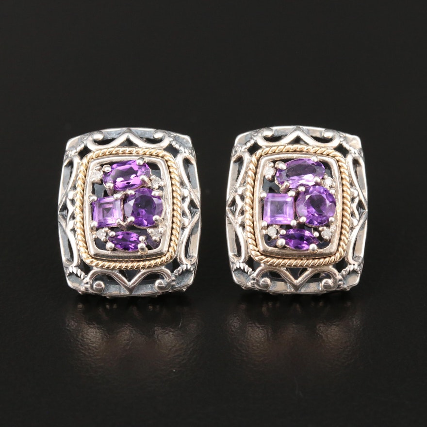 Sterling Silver Amethyst and Diamond Earrings with 14K Accents