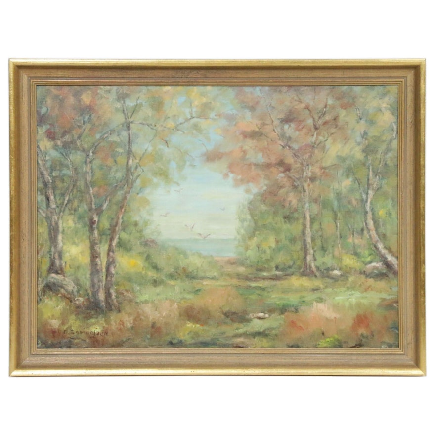 M. Samuelson Coastal Forest Landscape Oil Painting, Mid-Late 20th Century