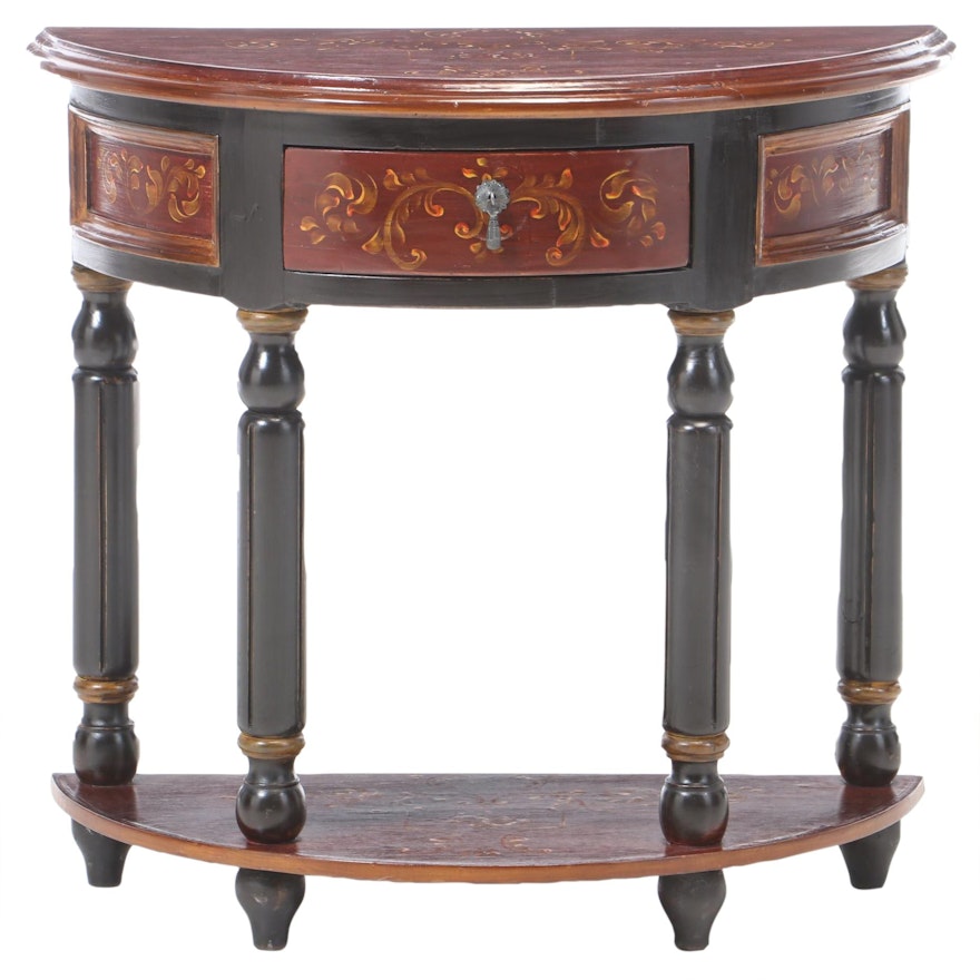 Artisan Decorated Half-Round Console Table, Late 20th Century