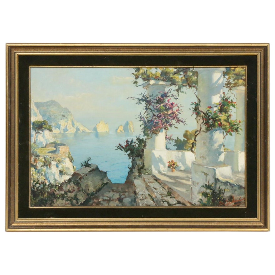 Mediterranean Coastal Landscape Oil Painting, Early-Mid 20th Century