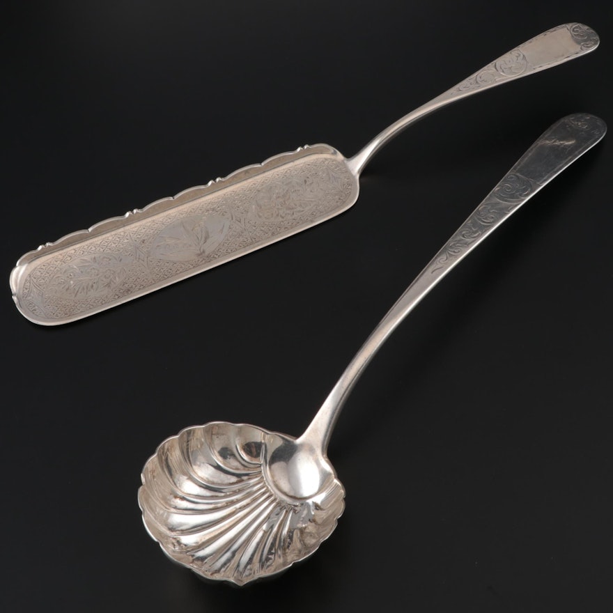 S. Kirk & Sons "Mayflower" Coin Silver Crumber and Shell Serving Spoon, 1860s