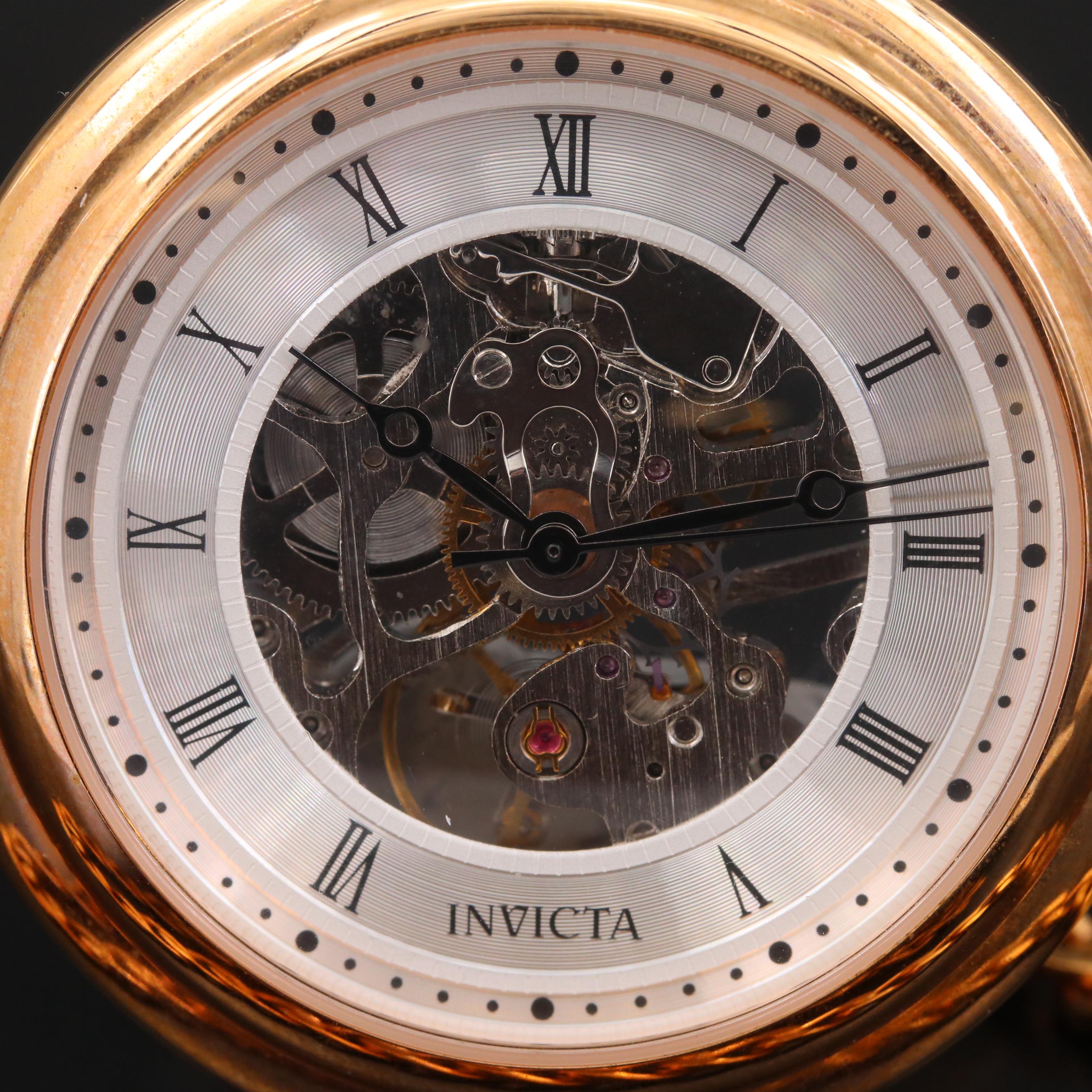 Invicta Skeleton Case Stainless Steel Pocket Watch with Chain Fob