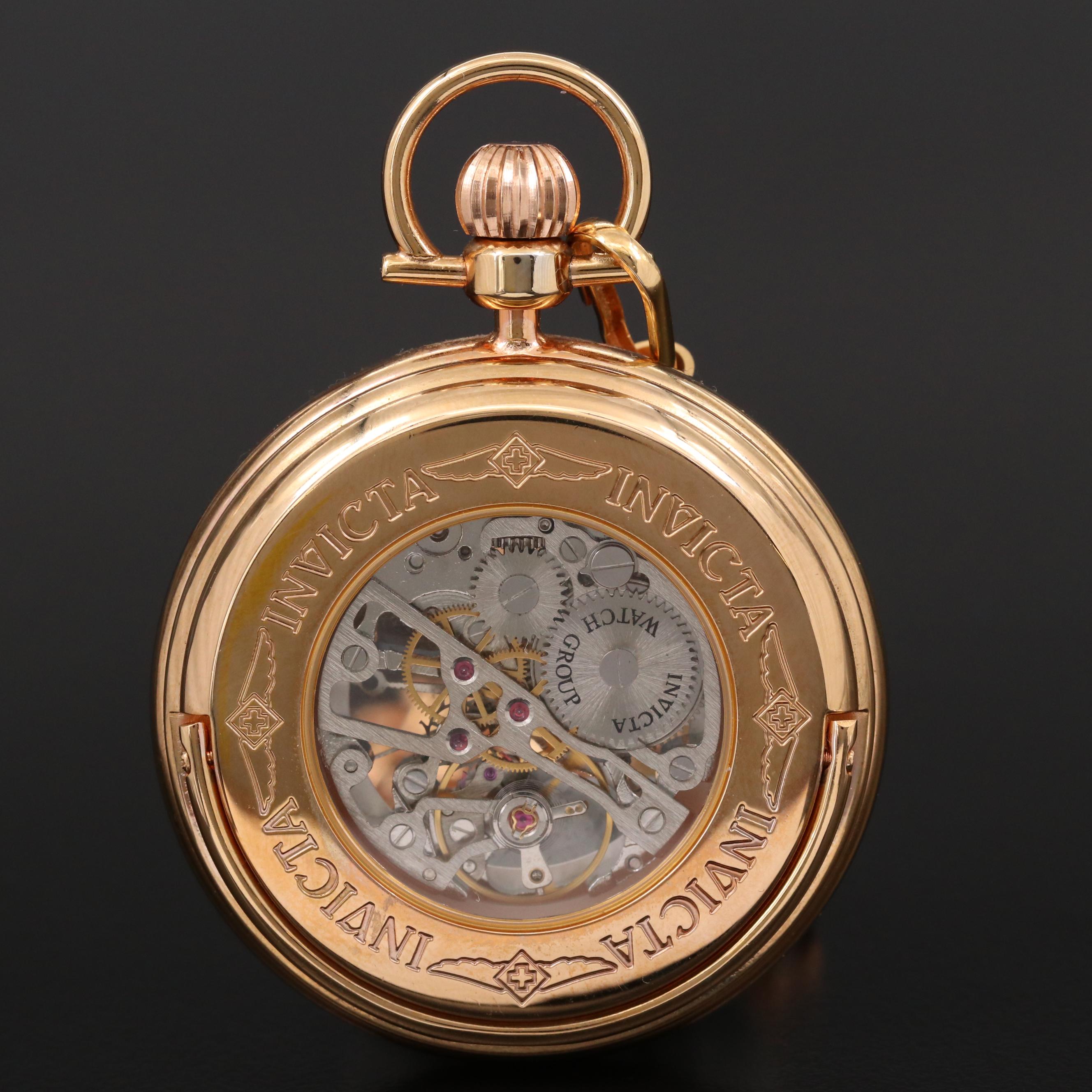 Invicta Skeleton Case Stainless Steel Pocket Watch with Chain Fob