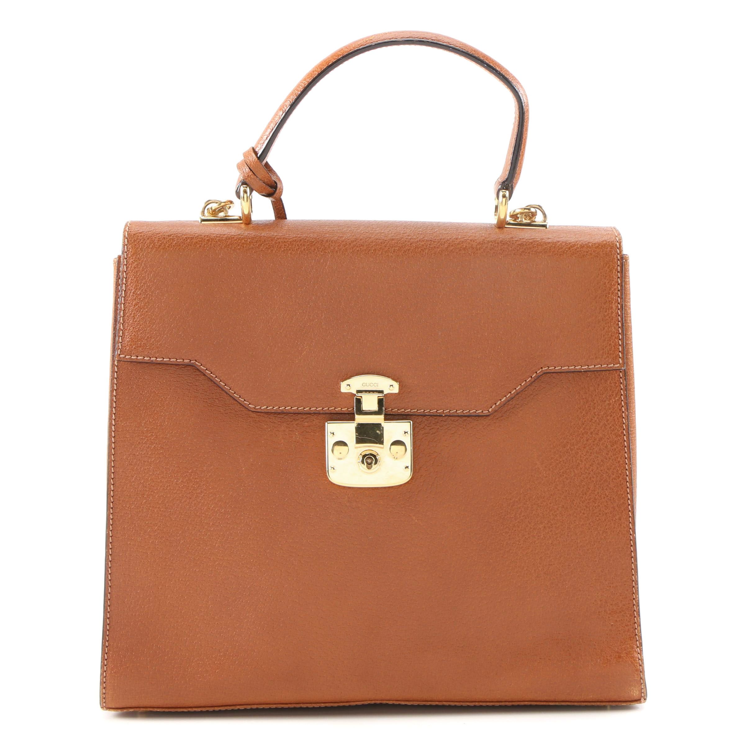 Gucci Kelly Cognac Leather Top Handle Bag with Shoulder Strap