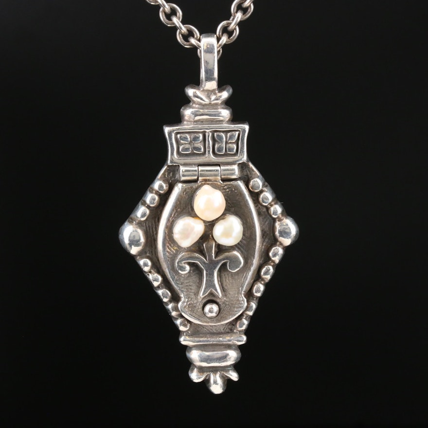 Sterling Silver Cultured Pearl Fleur de lis Motif Locket Pendant Necklace