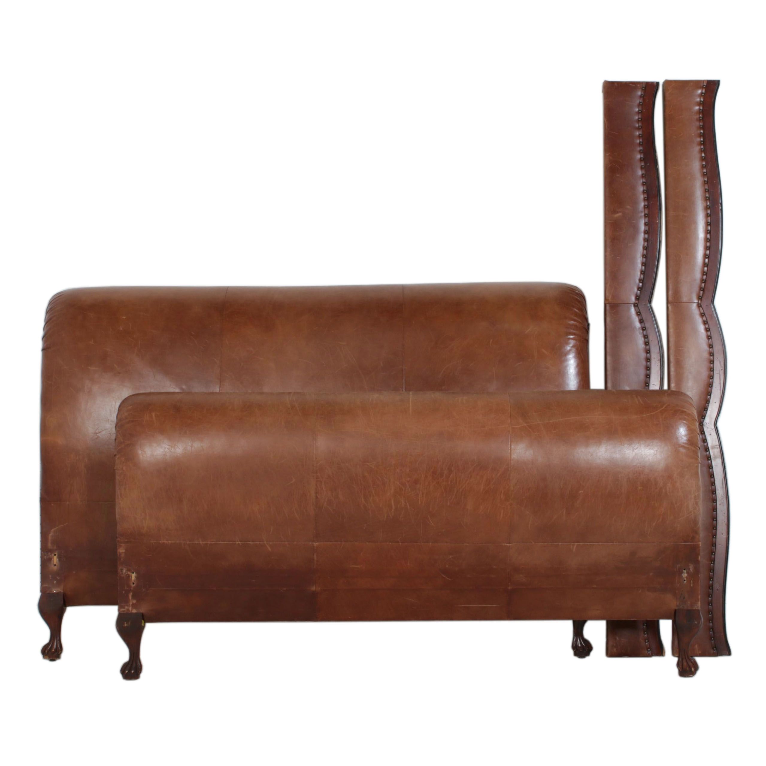 Ralph Lauren King Size Cognac Leather Upholstered Claw Foot Sleigh Bed Frame