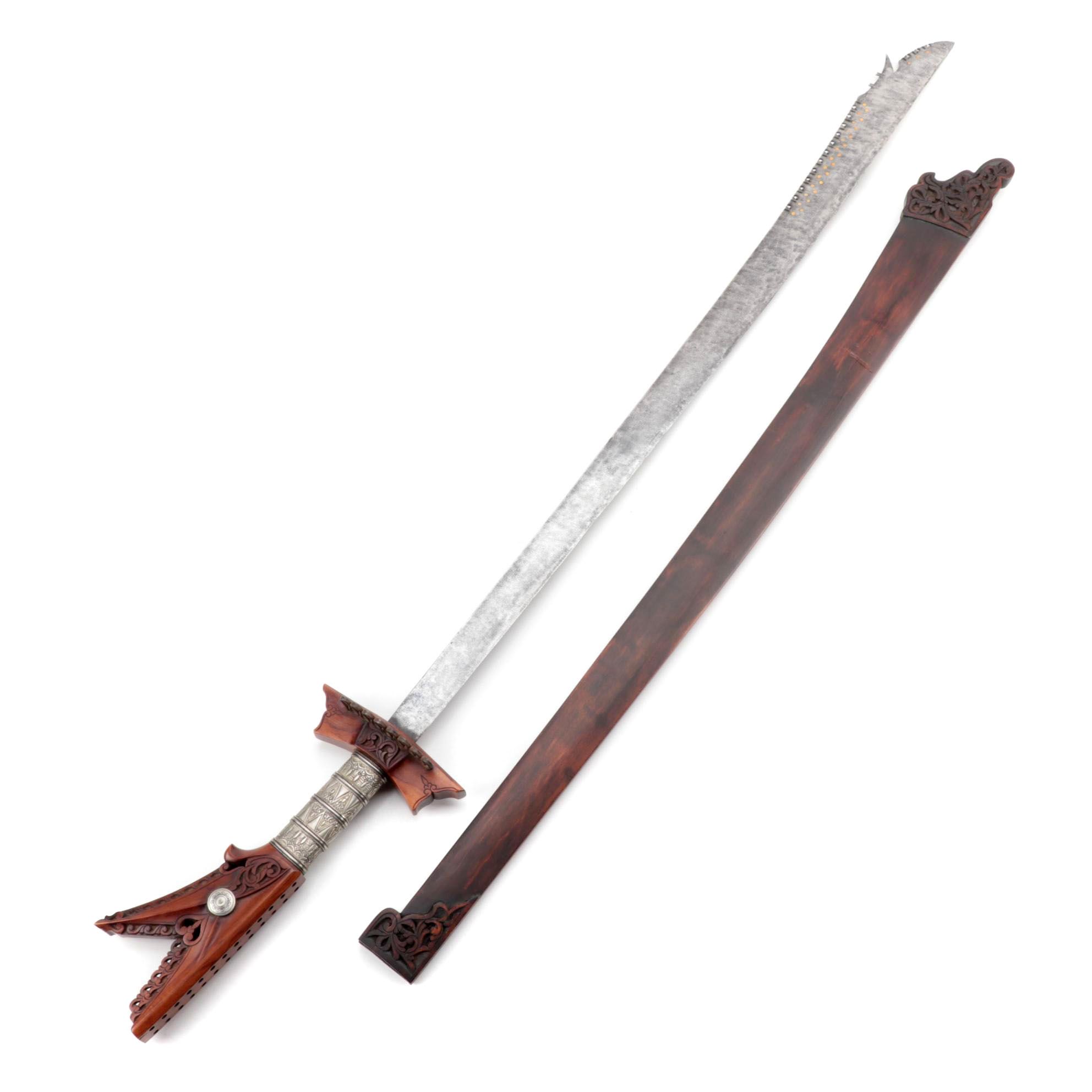 Philippine Moro 'Kampilan' Long Sword with Carved Wood Scabbard
