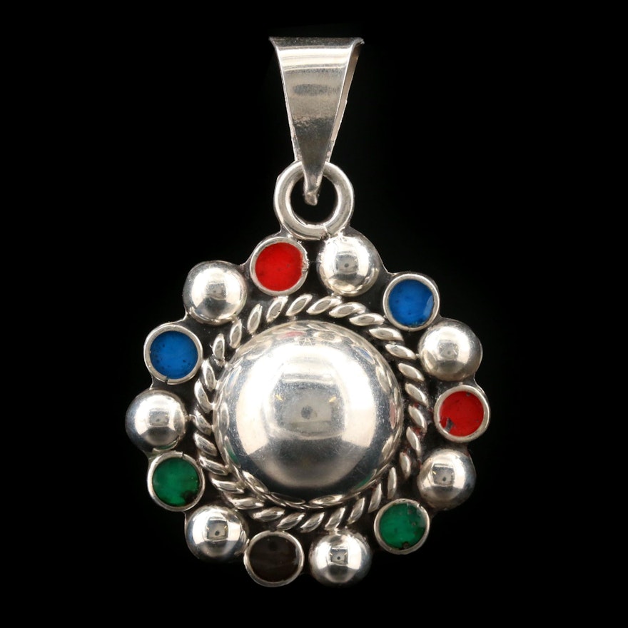 Mexican Sterling Silver Pendant With Multi-Colored Enamel Accents