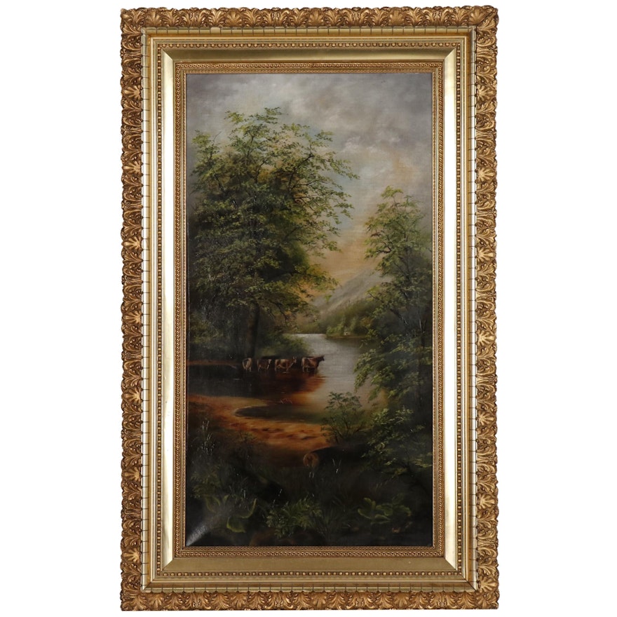 Landscape Oil Painting of Pastoral Scene, Late 19th/Early 20th Century