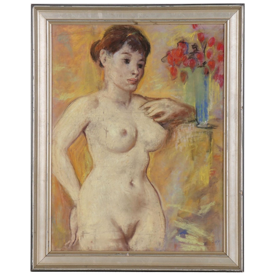 Pastel Drawing of Nude Figure with Flowers, 1947