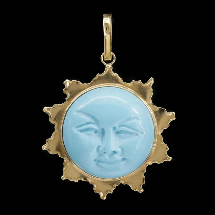18K Yellow Gold Turquoise Carved Sun Pendant