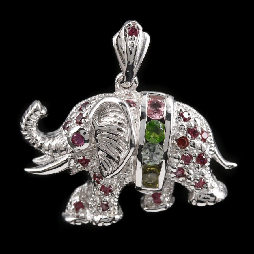 Sterling Silver Garnet, Diopside, and Peridot Lucky Elephant Pendant