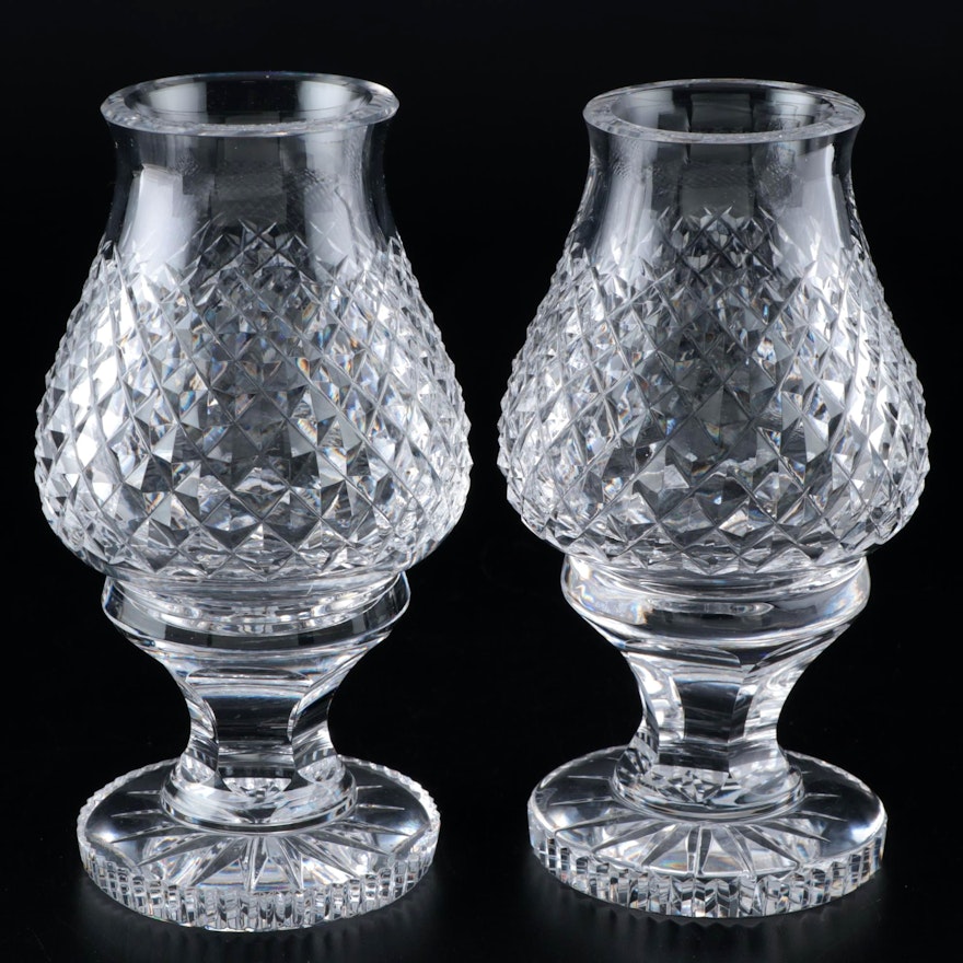 Pair of Waterford Crystal "Alana" Candle Holders with Hurricane Shades