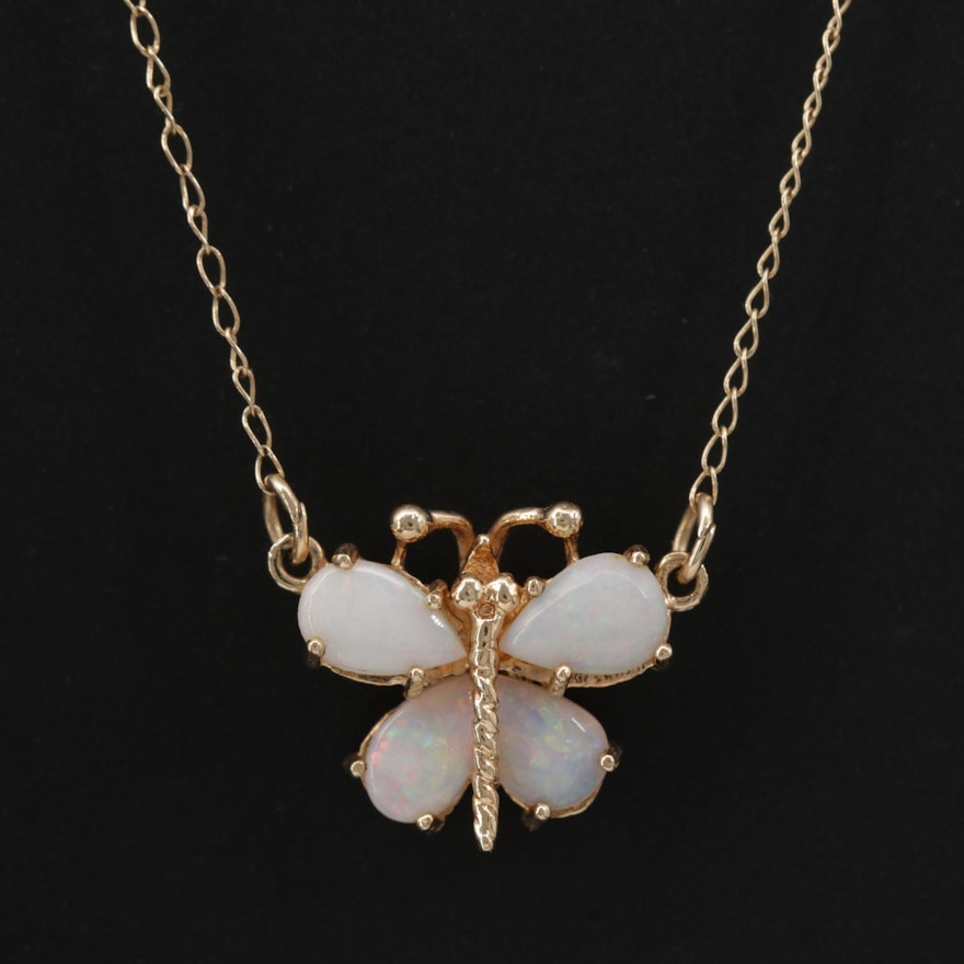 14K Yellow Gold Opal Butterfly Necklace