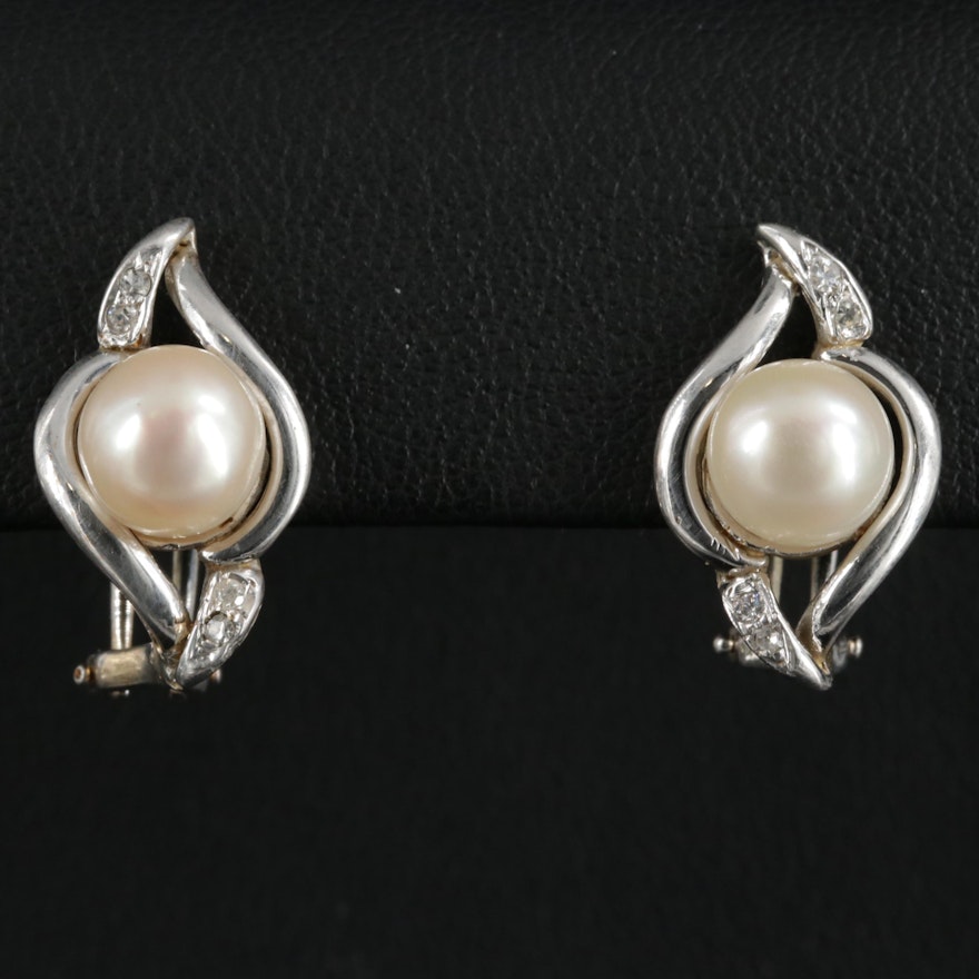 14K White Gold Cultured Pearl and Diamond Earrings