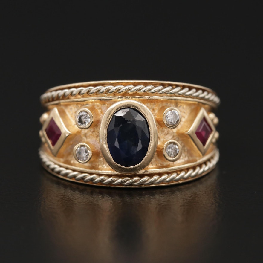 14K Yellow Gold Sapphire, Ruby and Diamond Ring