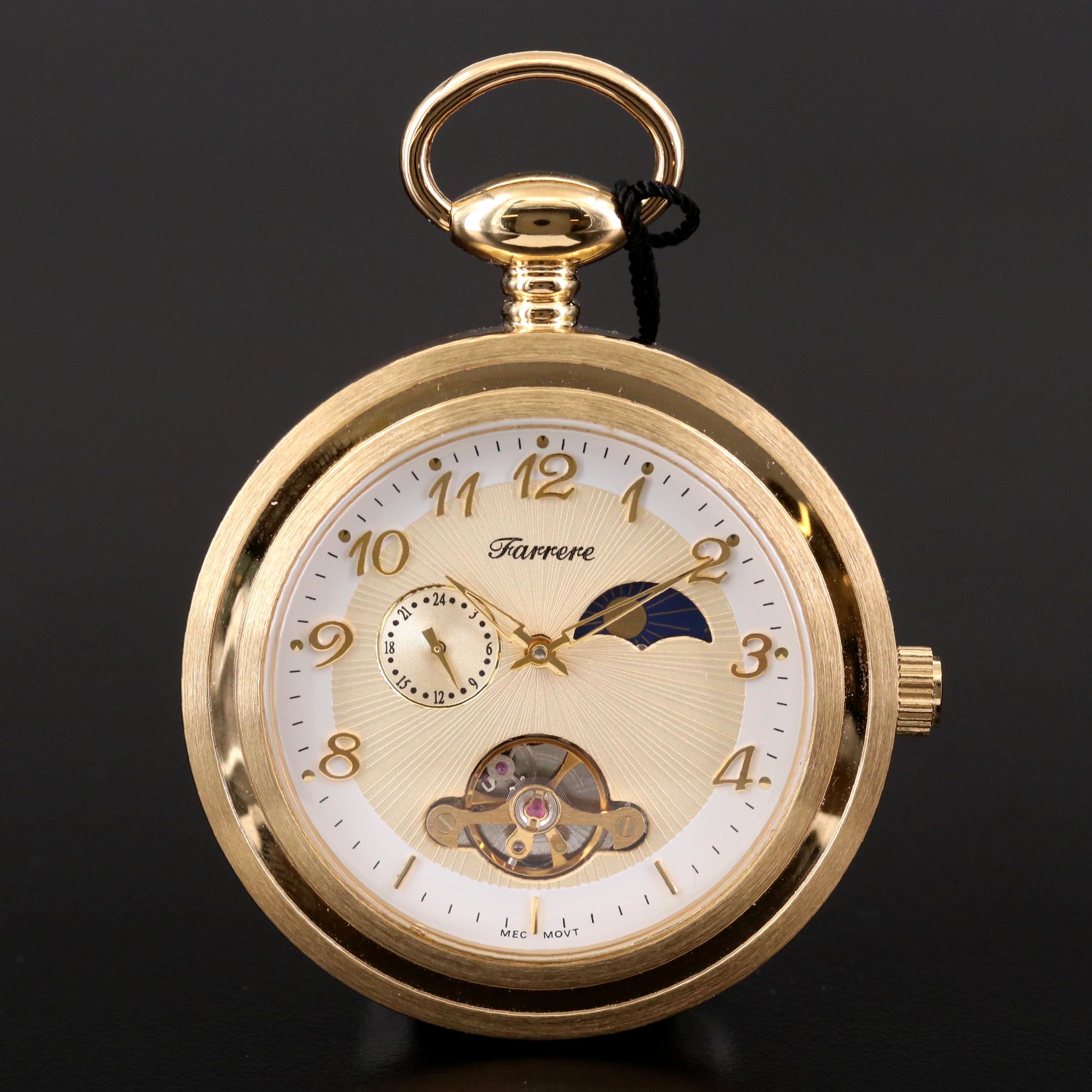 Farrere Gold Tone Pocket Watch with Day and Night Phase Dial and Fob Chain