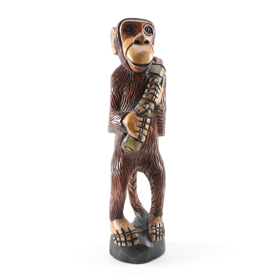 Hand Carved "Cool Jackson" Wooden Monkey Sculpture, 2013
