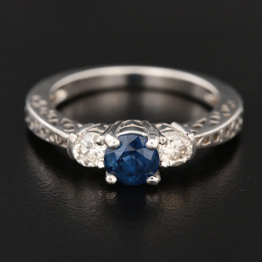 14K White Gold Sapphire and Diamond Three Stone Ring