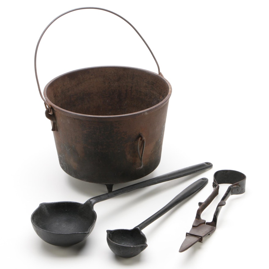 Cast Iron Footed Kettle, Utensils, and Shears