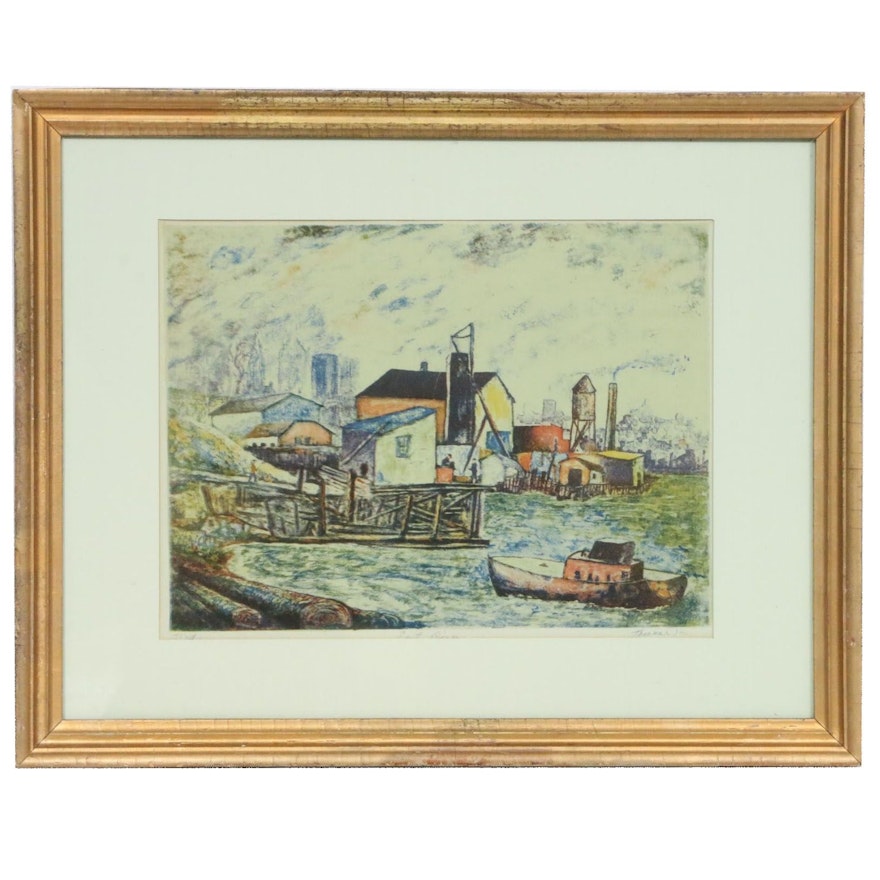 Theodore Wahl Color Lithograph "East River," Early 20th Century