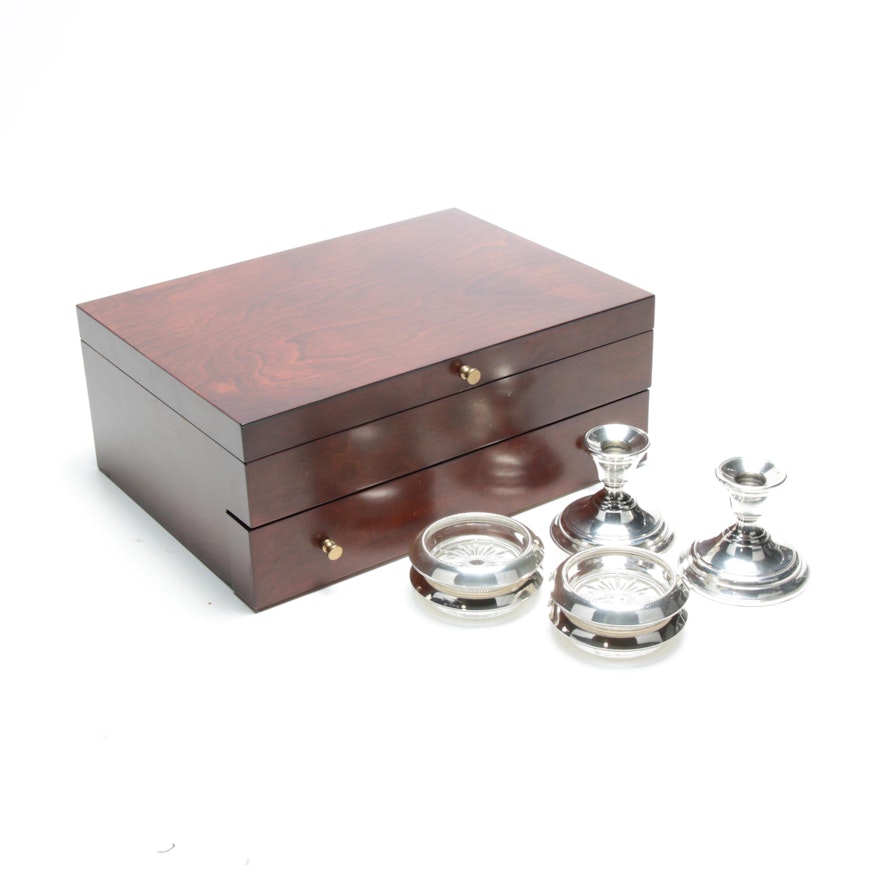 Reed & Barton Flatware Box with Sterling Silver Coasters and Candlesticks