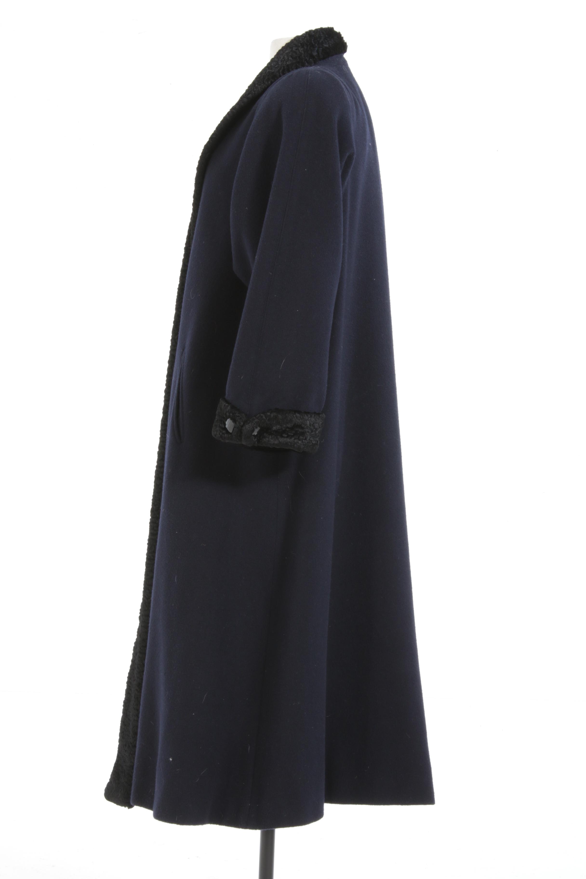 Paul Levy Navy Blue Wool Coat Trimmed in Black Persian Lamb