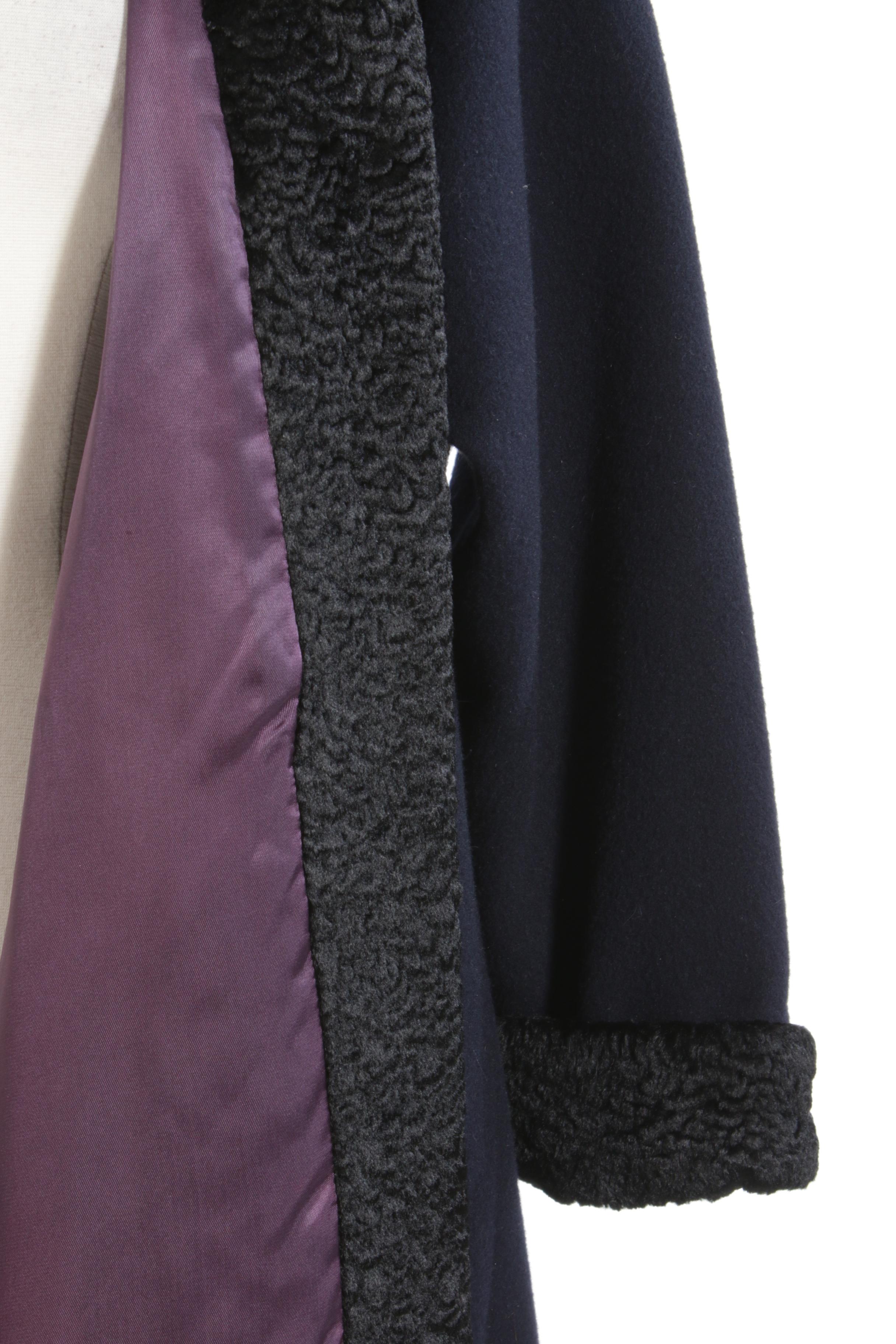 Paul Levy Navy Blue Wool Coat Trimmed in Black Persian Lamb