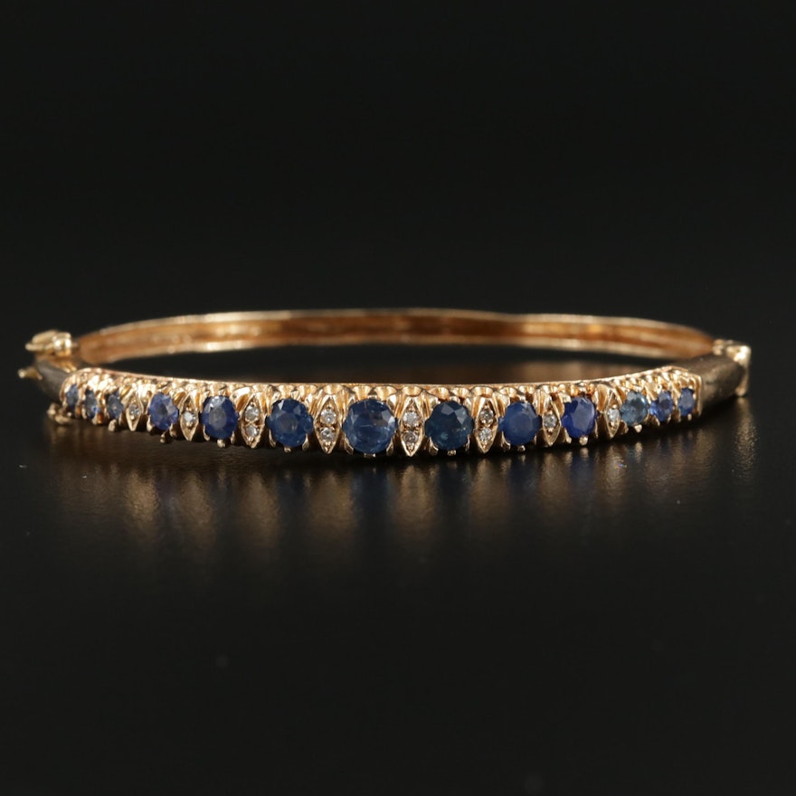 14K Yellow Gold Sapphire and Diamond Graduated Hinged Bracelet